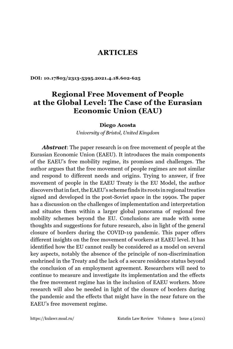 Regional Free Movement of People at the Global Level. The Case of the Eurasian Economic Union (EAU)