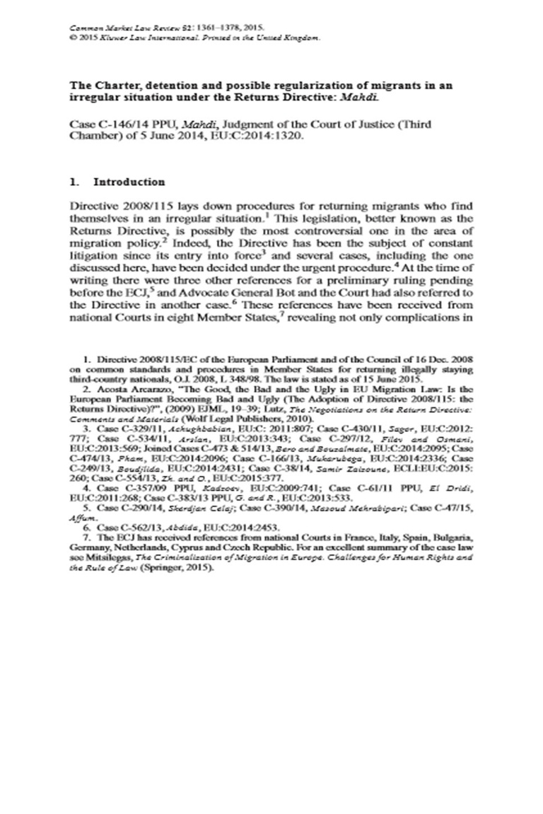 The Charter, Detention and Possible Regularization of Migrants in an Irregular Situation under the Returns Directive: Mahdi