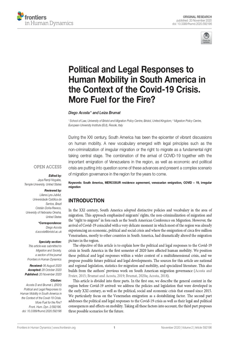 Political and Legal Responses to Human Mobility in South America in the Context of the Covid-19 Crisis