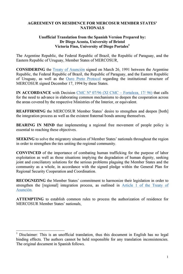 Unofficial English Translation of the MERCOSUR Residence Agreement