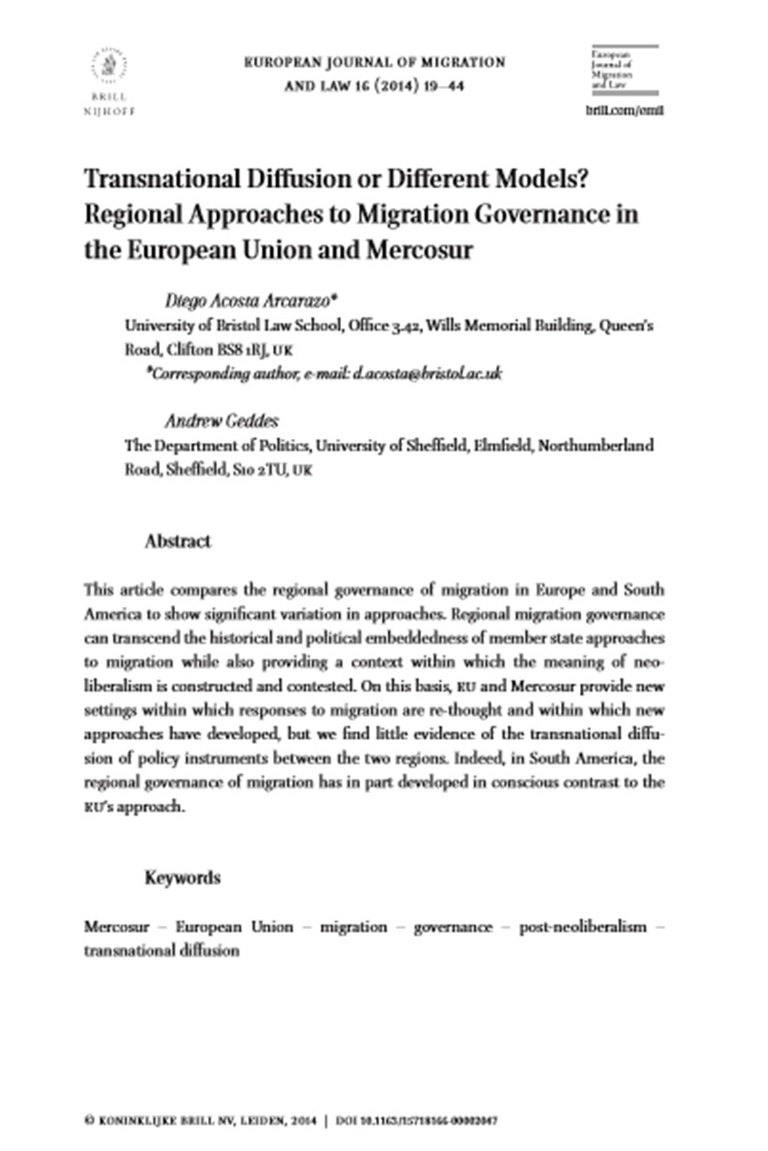 Transnational Diffusion or Different Models? Regional Approaches to Migration Governance in the European Union and MERCOSUR