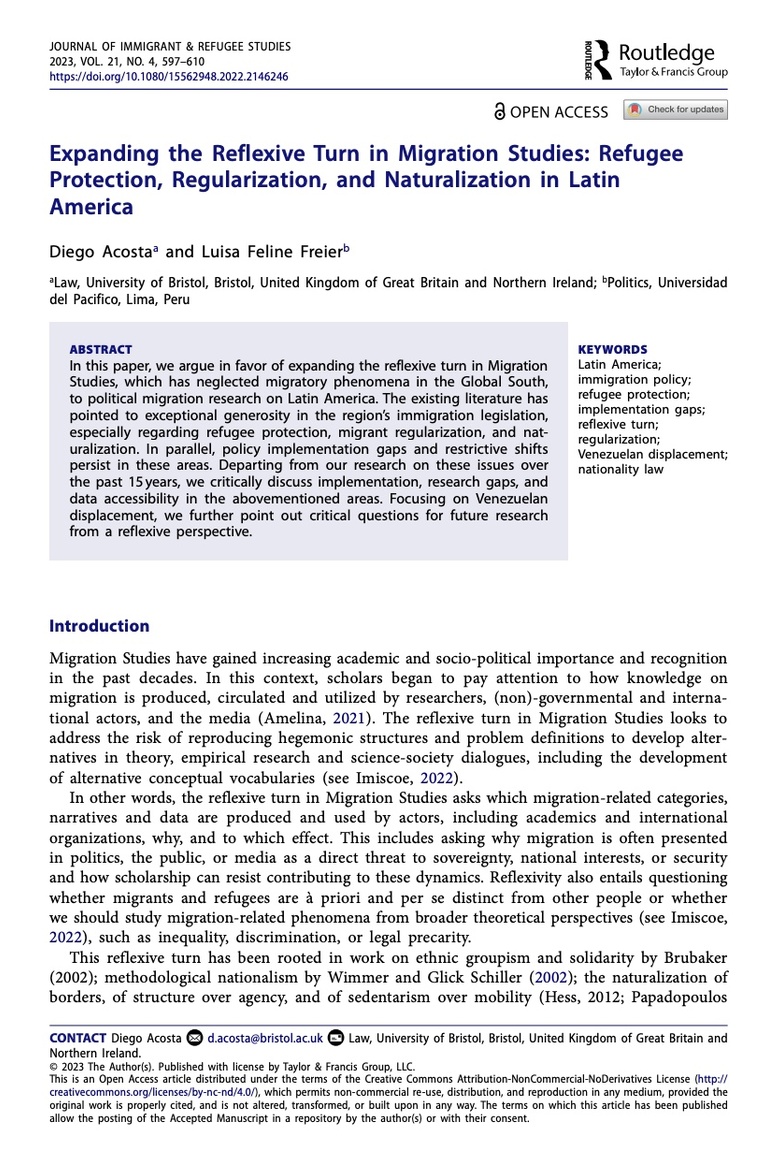 Expanding the Reflexive Turn in Migration Studies: Refugee Protection, Regularization, and Naturalization in Latin America