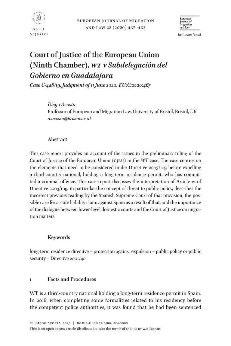 Case Report ECJ: WT v Subdelegación del Gobierno en Guadalajara, Case C-448/19