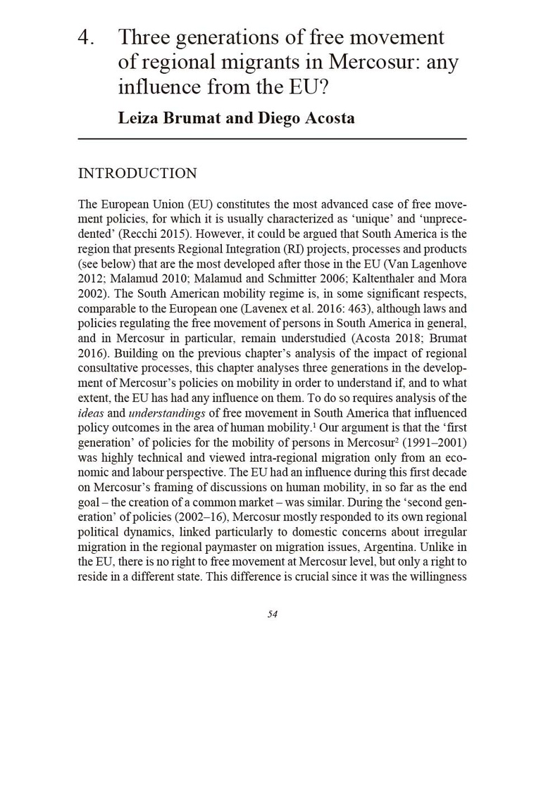 Three generations of free movement of regional migrants in Mercosur: any influence from the EU?