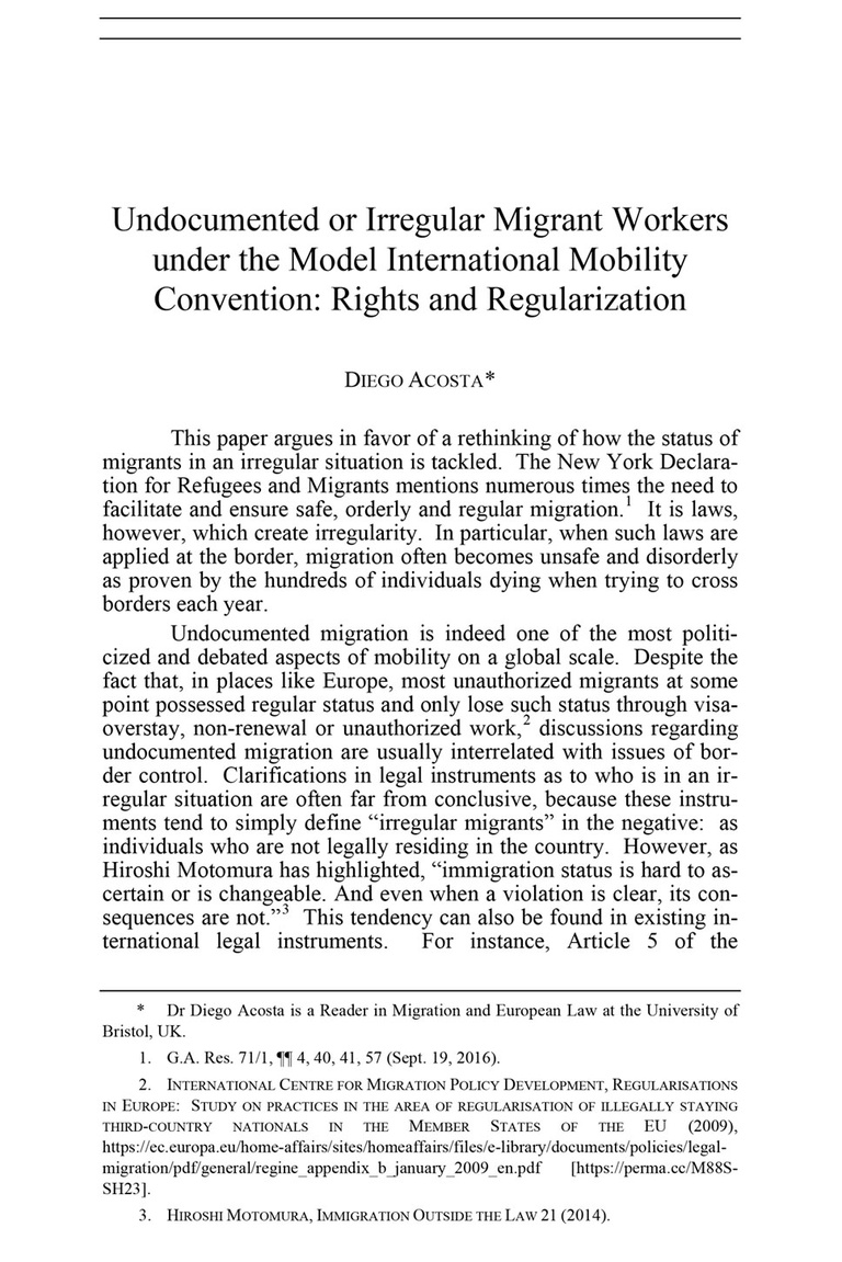 Undocumented or Irregular Migrant Workers under the Model International Mobility Convention: Rights and Regularization