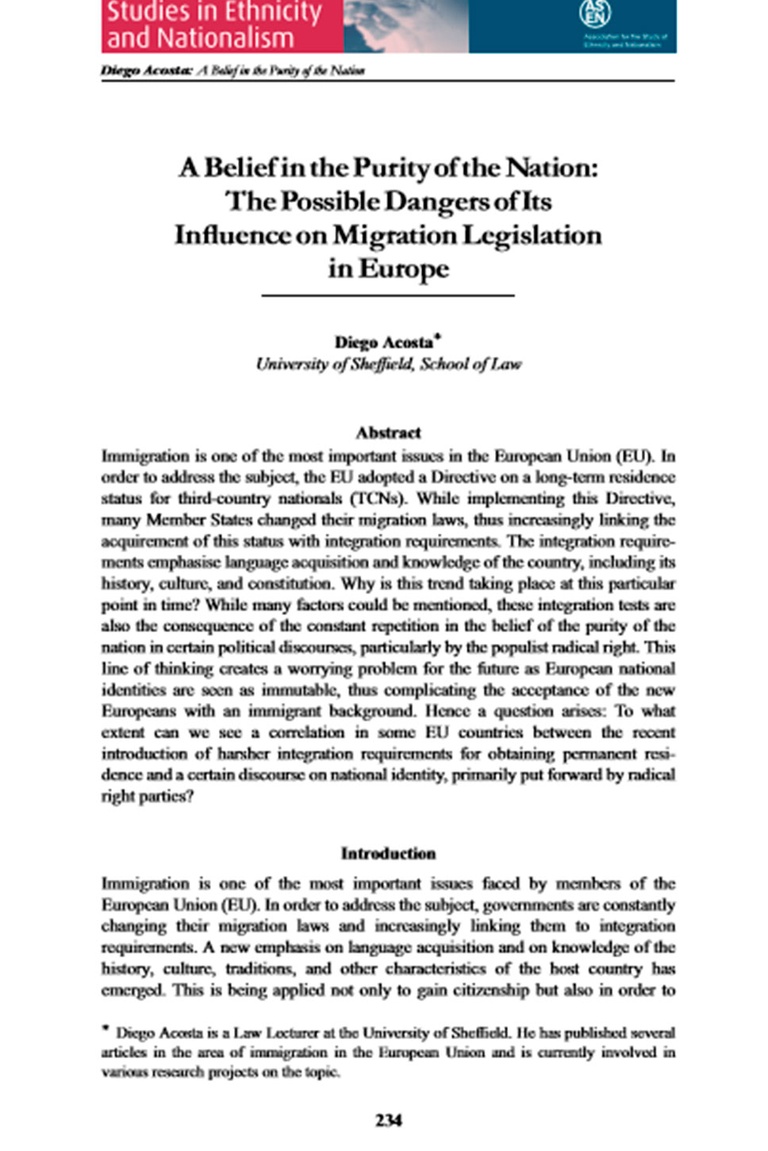 A Belief in the Purity of the Nation. The Possible Dangers of its Influence on Migration Legislation in Europe