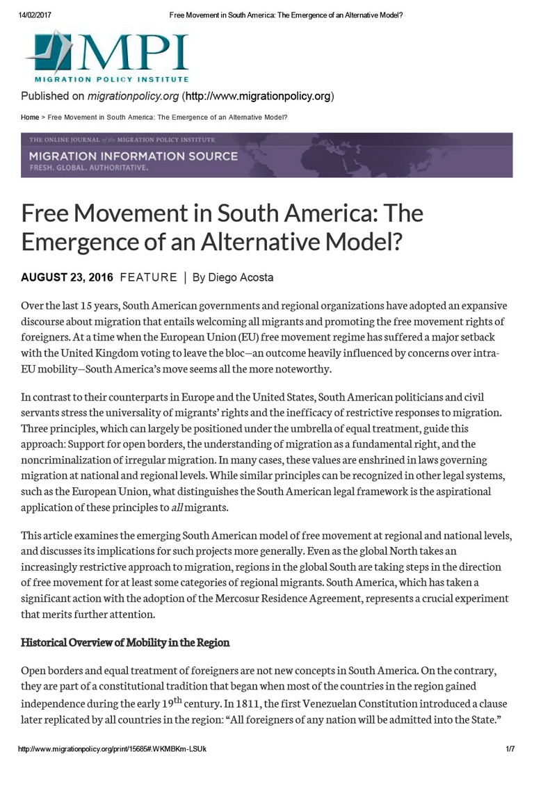 Free Movement in South America: The Emergence of an Alternative Model?