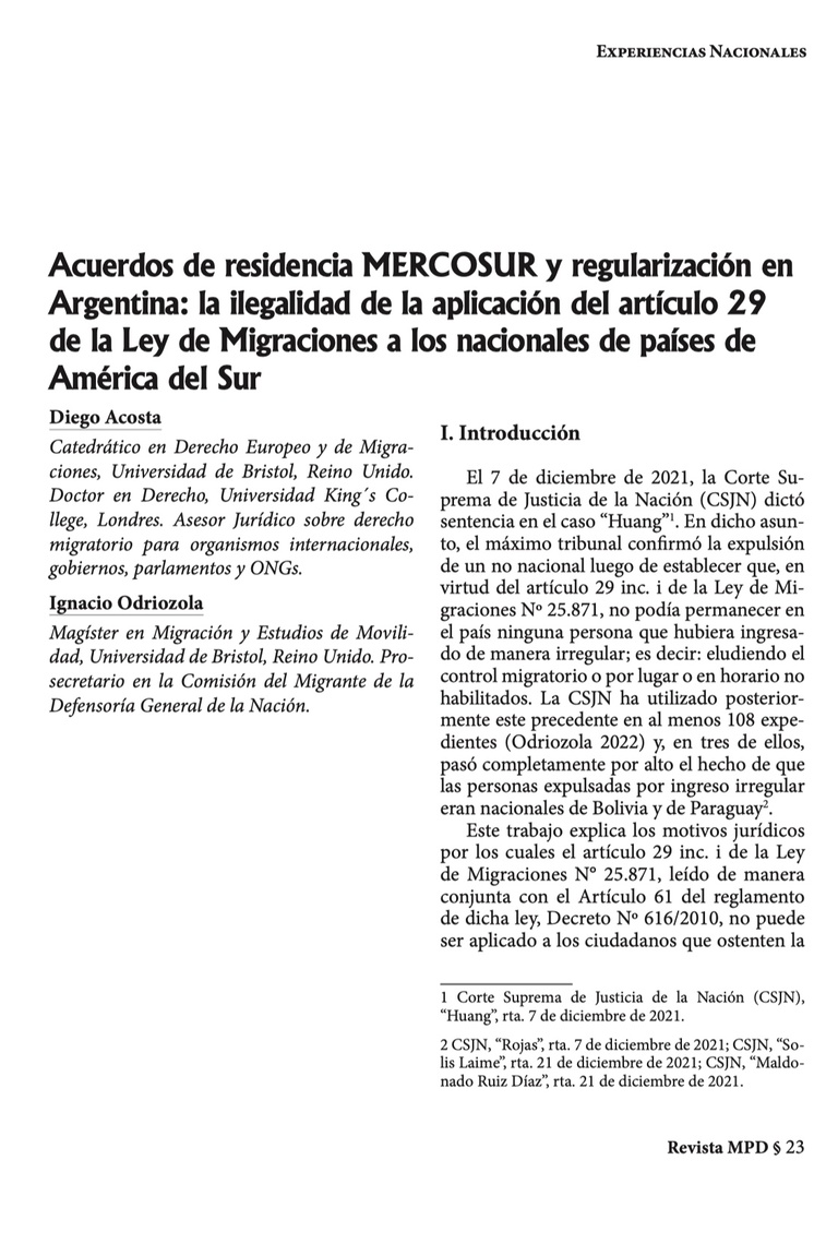 Acuerdo de Residencia MERCOSUR y Regularización en Argentina: La Ilegalidad de la Aplicación del Artículo 29 de la Ley de Migraciones a los Nacionales de Países de América del Sur