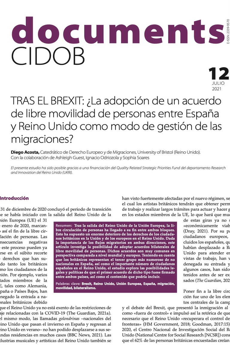 Tras el Brexit: ¿La adopción de un acuerdo de libre movilidad de personas entre España y Reino Unido como modo de gestión de las migraciones?